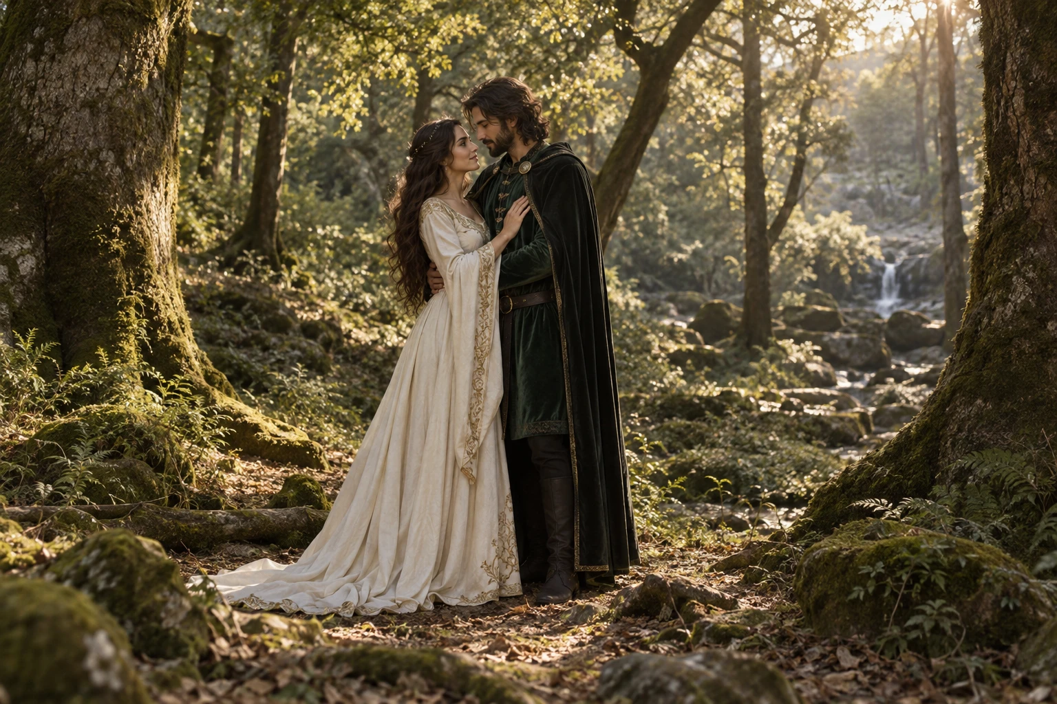 Un abrazo de la pareja ficticia en el bosque