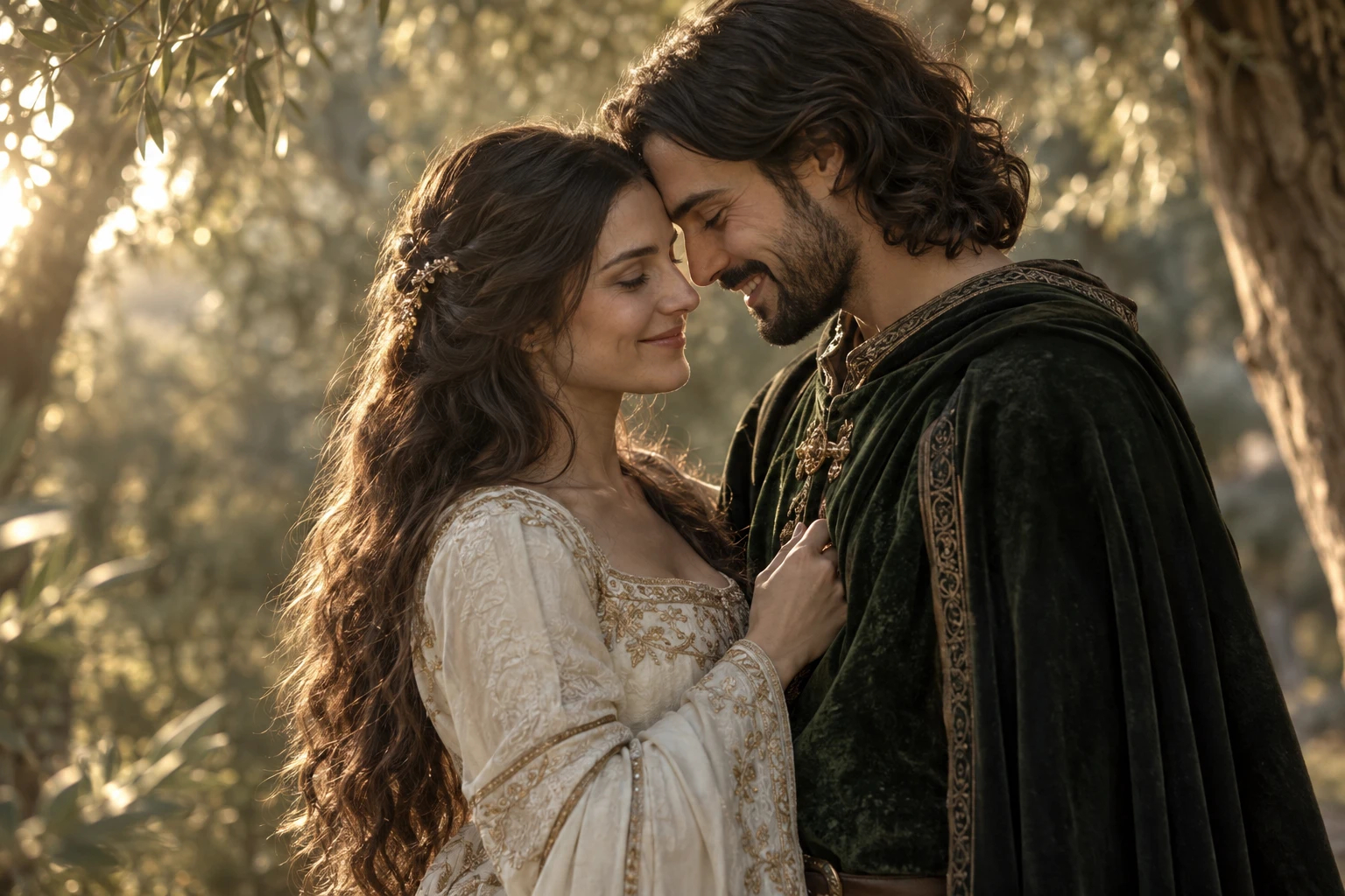 Retrato de la pareja ficticia con luz cálida de atardecer