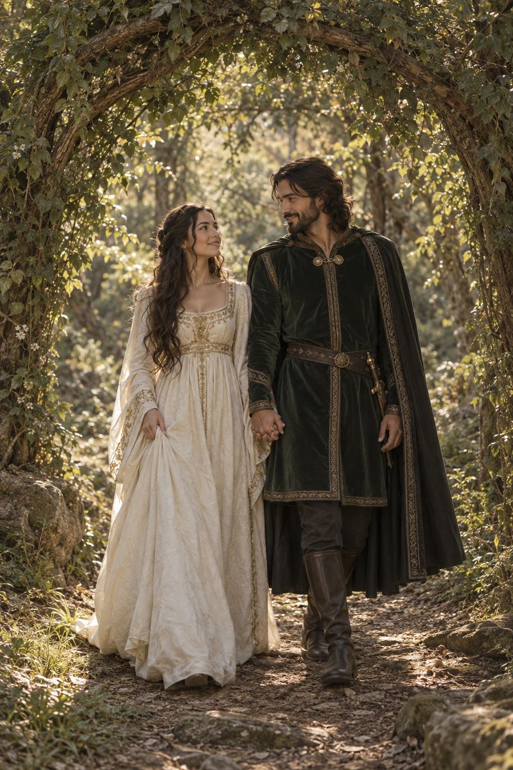 Isabella y Gabriel, pareja ficticia, caminando de la mano bajo los árboles